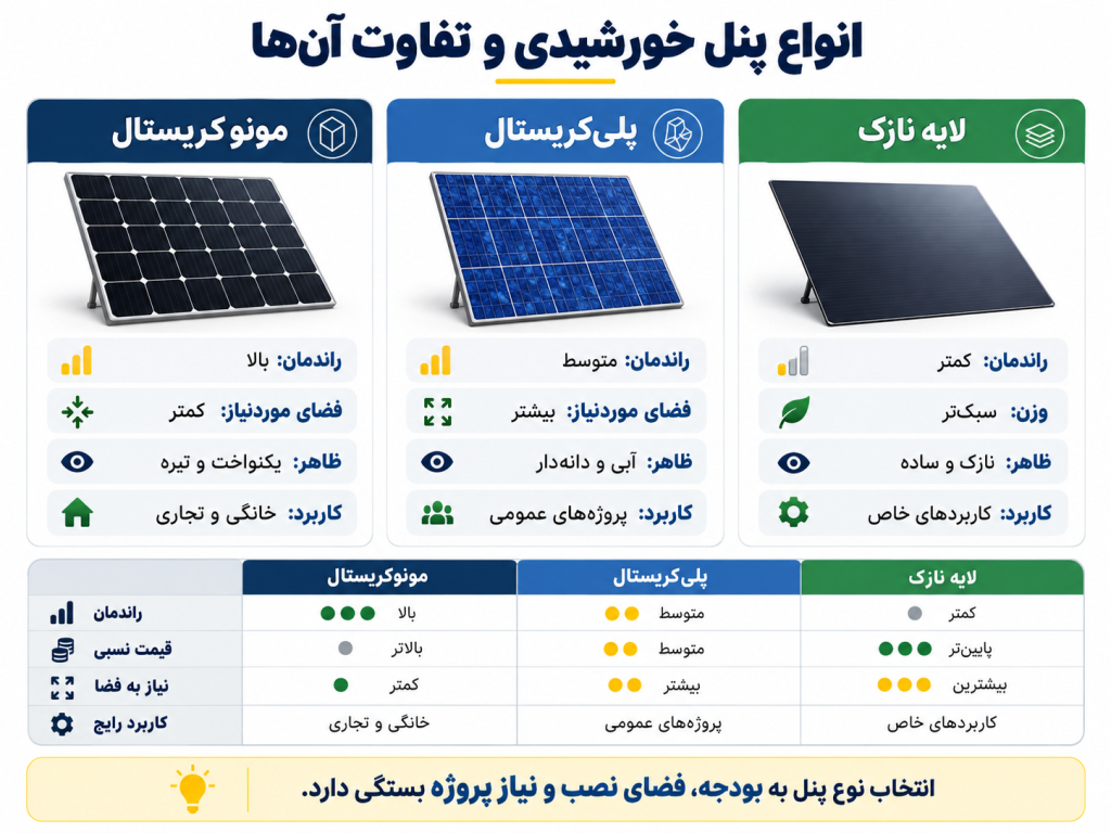 اینفوگرافیک مقایسه انواع پنل خورشیدی
